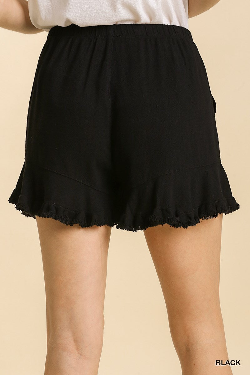 Umgee Linen Blend Elastic Waist Ruffle Hem Pockets Shorts