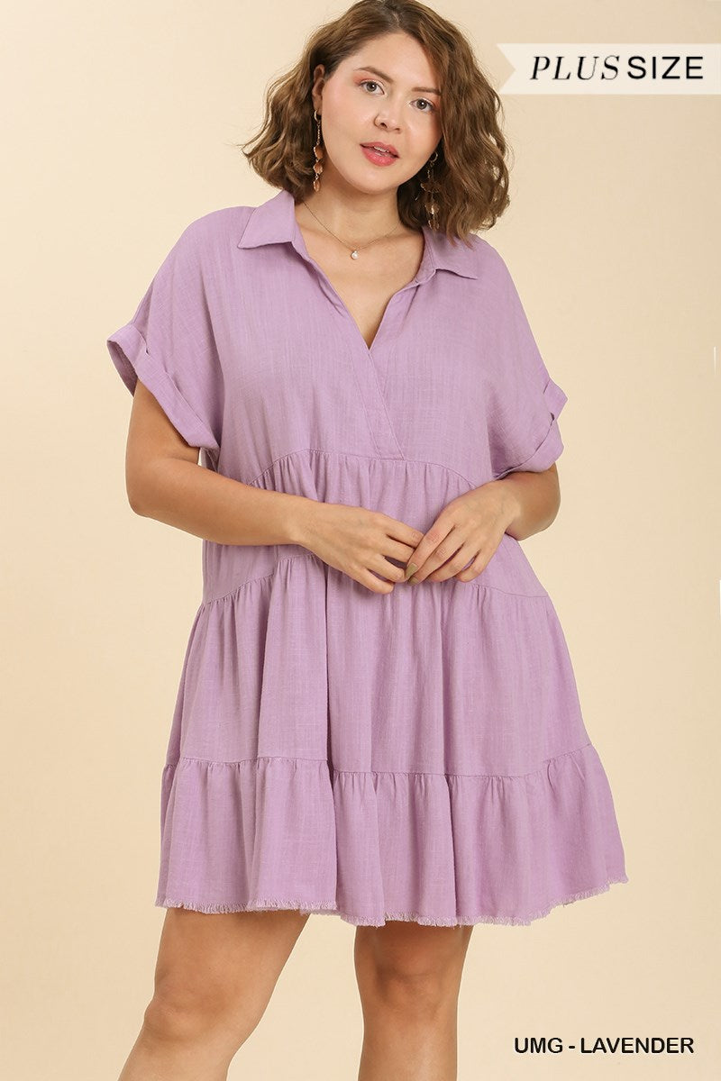 Umgee Plus Short Folded Sleeve V-Neck Collared Ruffle Frayed Hem Tiered Dress
