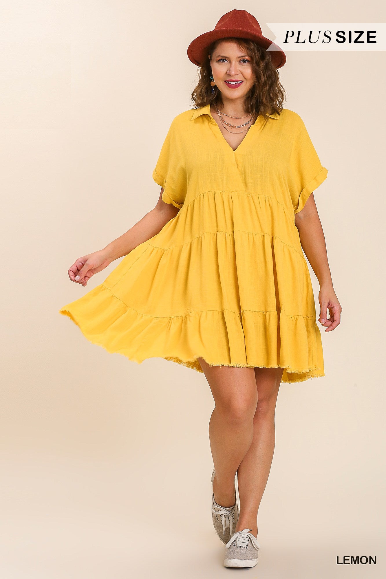 Umgee Plus Short Folded Sleeve V-Neck Collared Ruffle Frayed Hem Tiered Dress