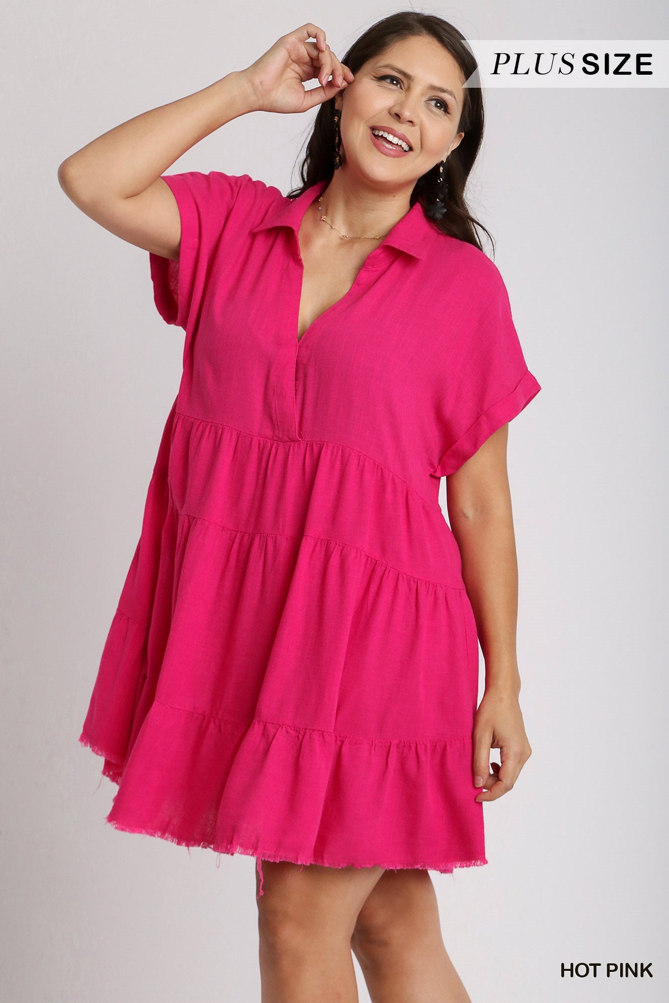 Umgee Plus Short Folded Sleeve V-Neck Collared Ruffle Frayed Hem Tiered Dress