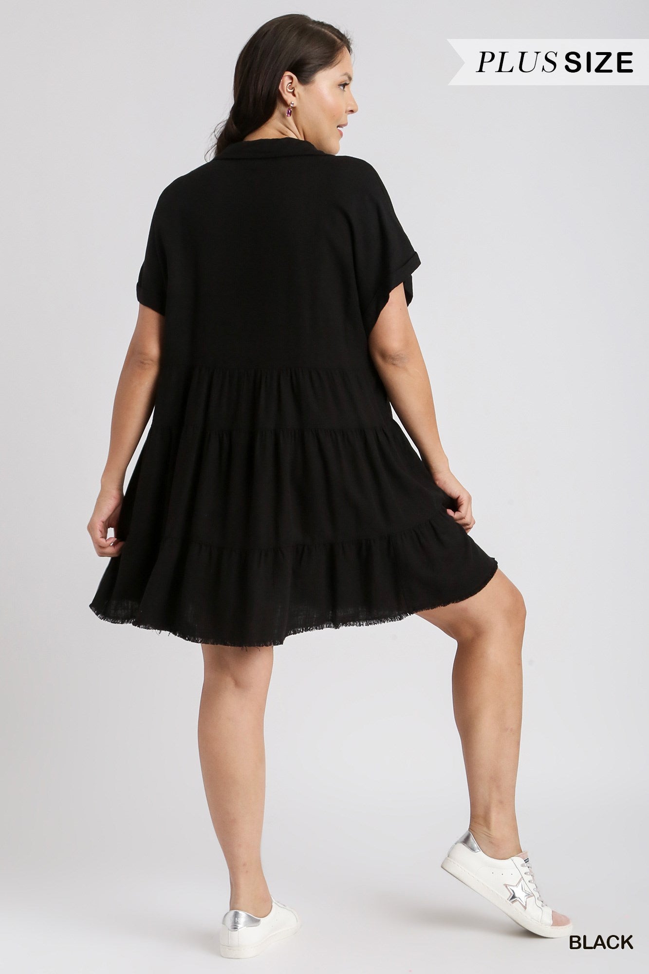 Umgee Plus Short Folded Sleeve V-Neck Collared Ruffle Frayed Hem Tiered Dress