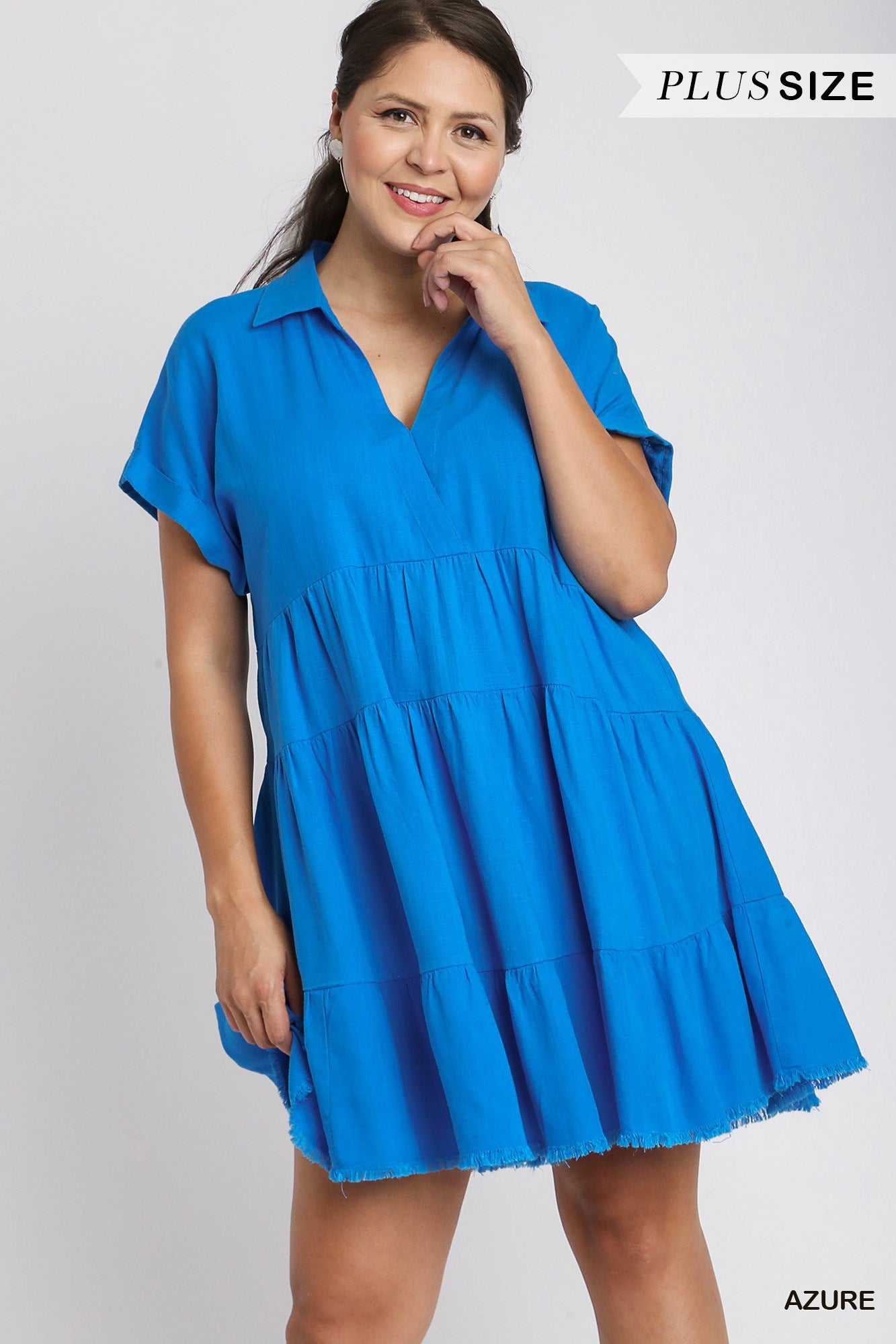 Umgee Plus Short Folded Sleeve V-Neck Collared Ruffle Frayed Hem Tiered Dress