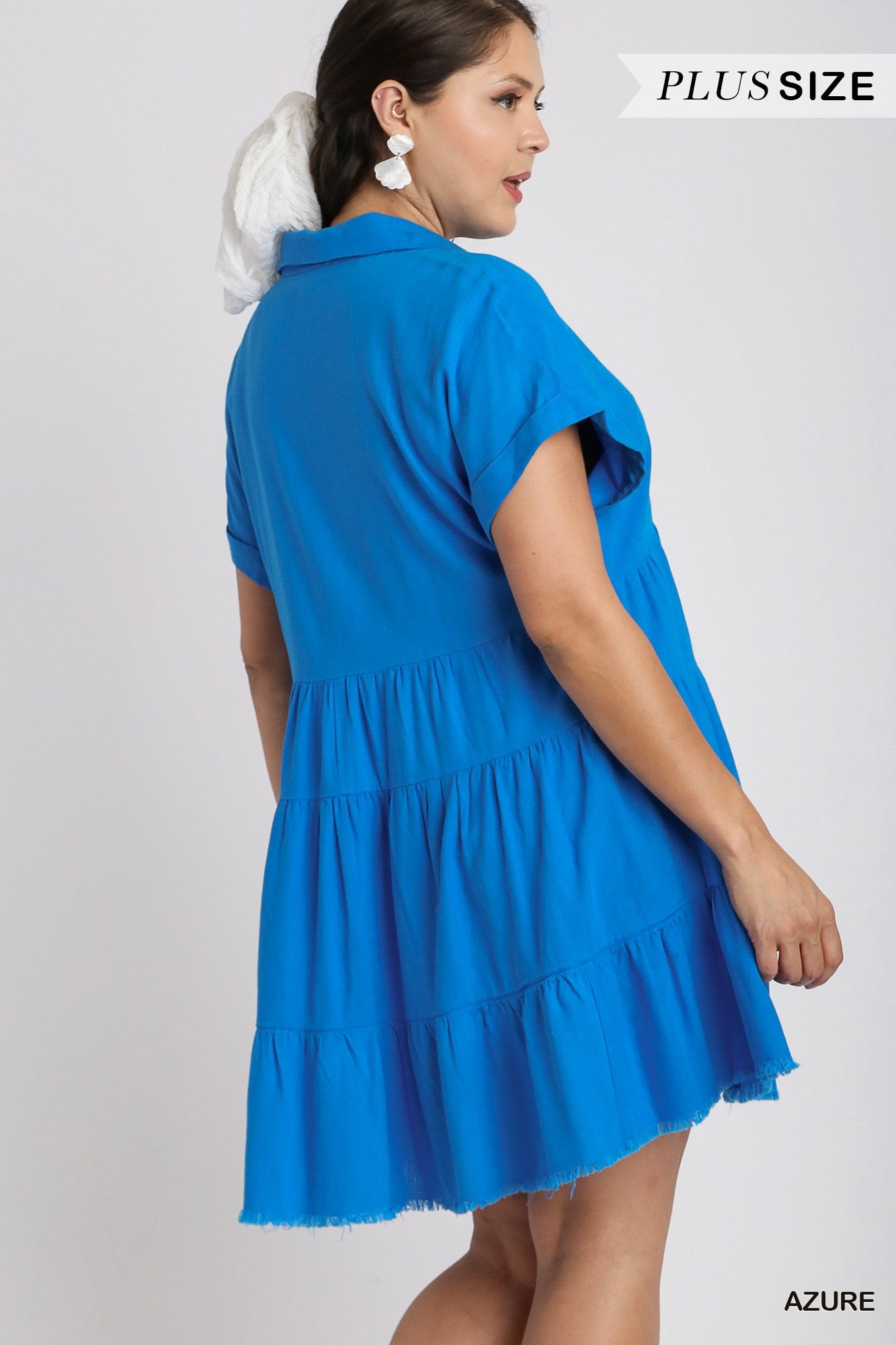 Umgee Plus Short Folded Sleeve V-Neck Collared Ruffle Frayed Hem Tiered Dress