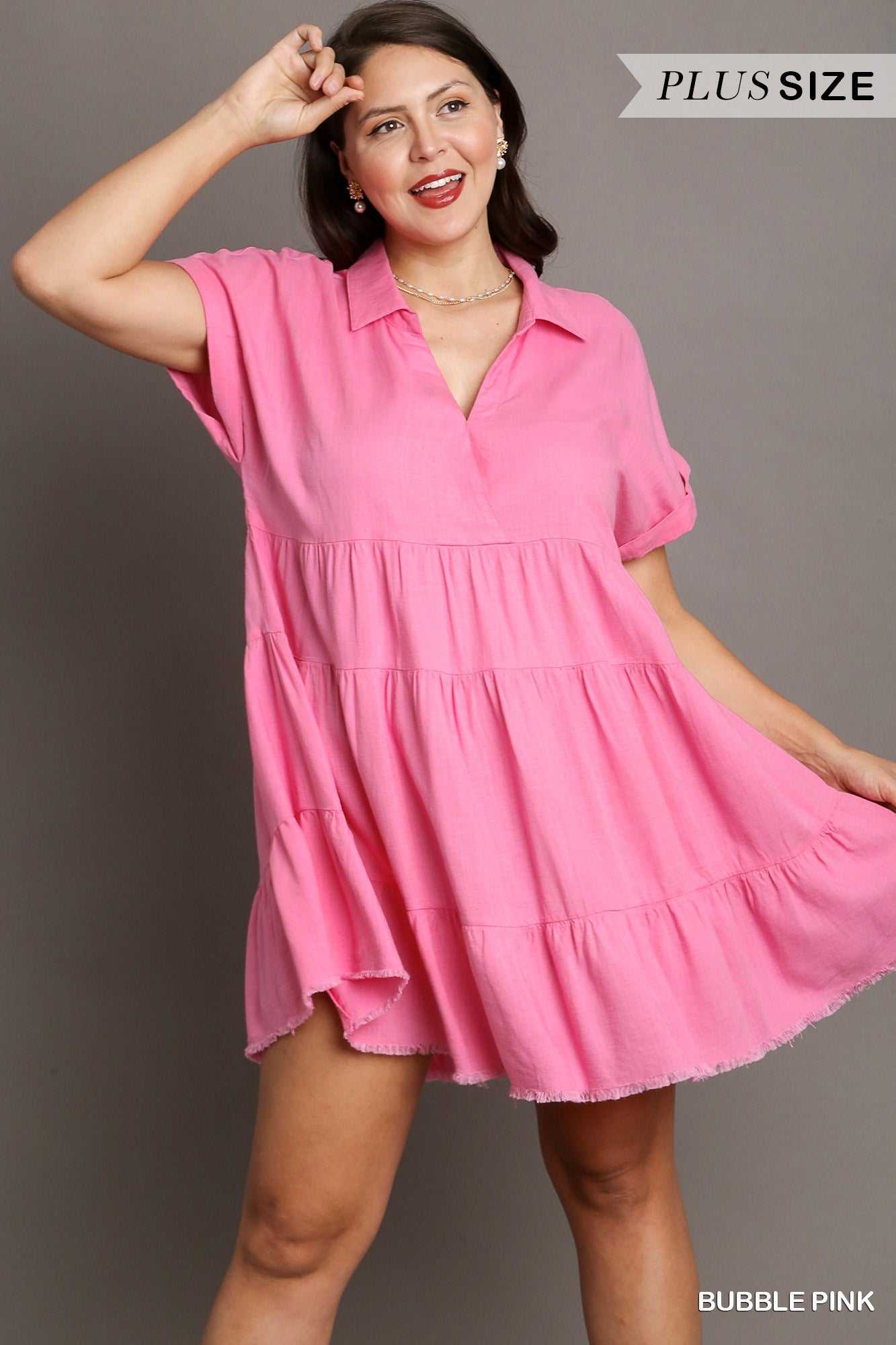 Umgee Plus Short Folded Sleeve V-Neck Collared Ruffle Frayed Hem Tiered Dress