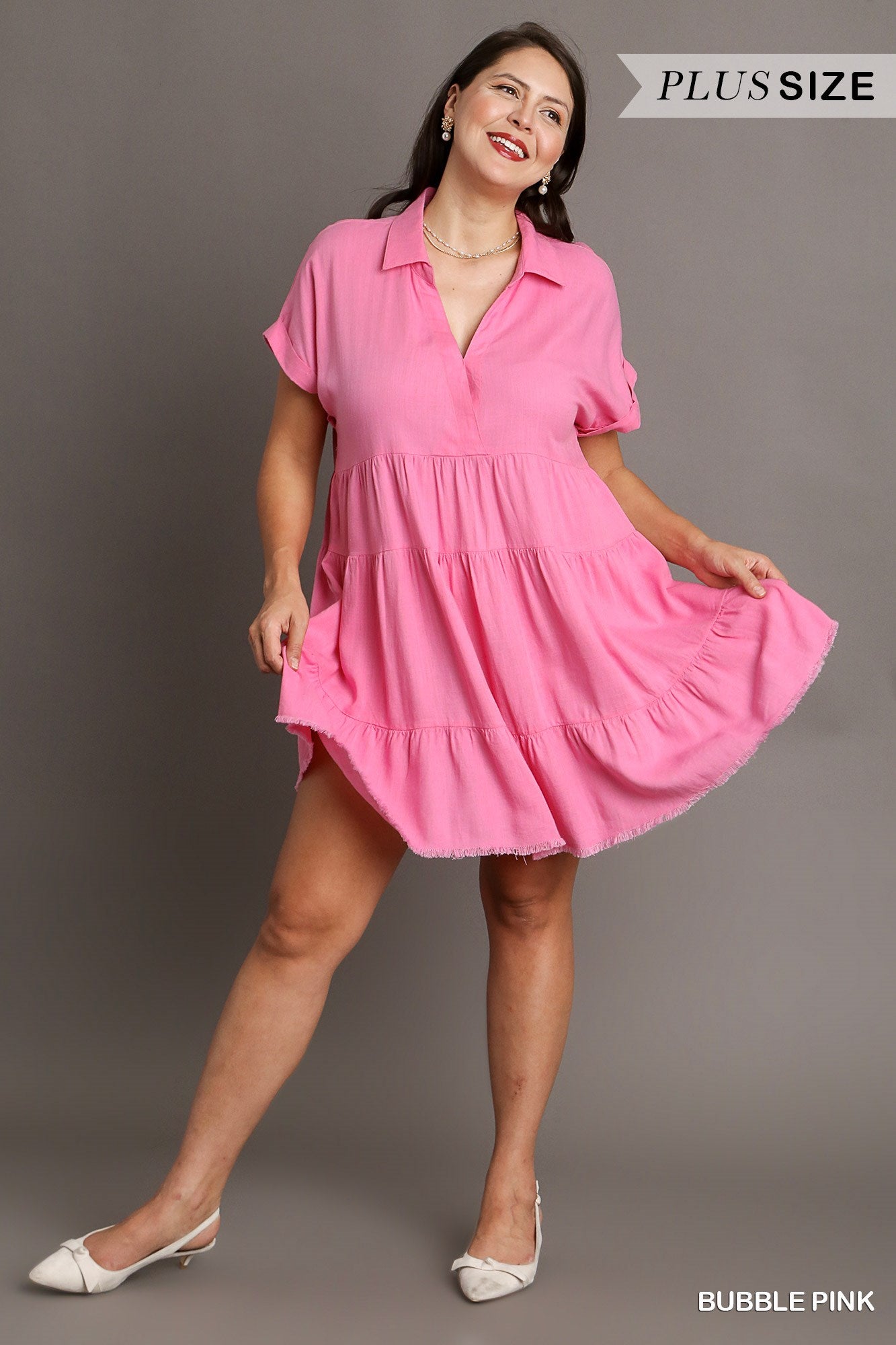 Umgee Plus Short Folded Sleeve V-Neck Collared Ruffle Frayed Hem Tiered Dress