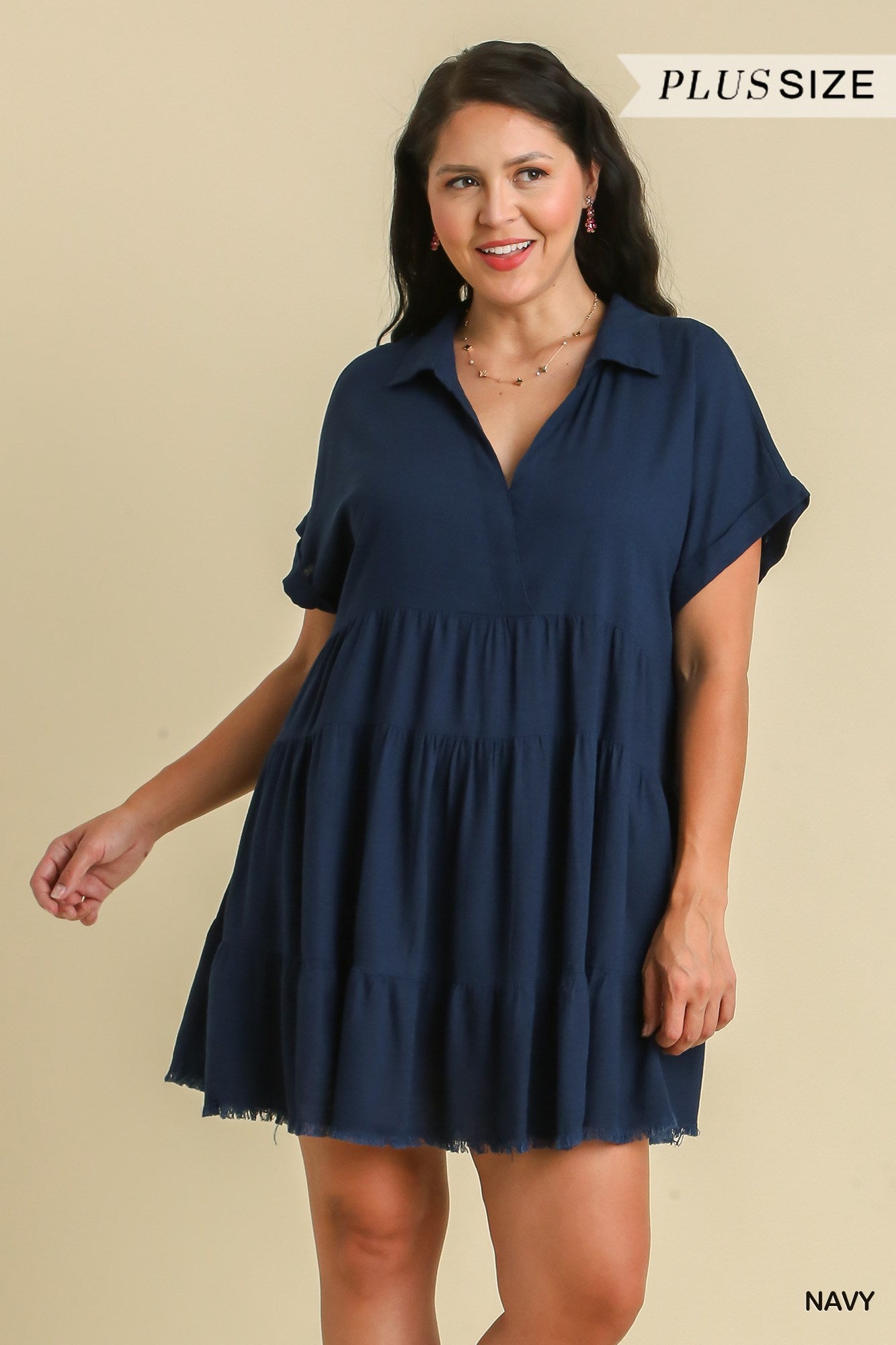 Umgee Plus Short Folded Sleeve V-Neck Collared Ruffle Frayed Hem Tiered Dress