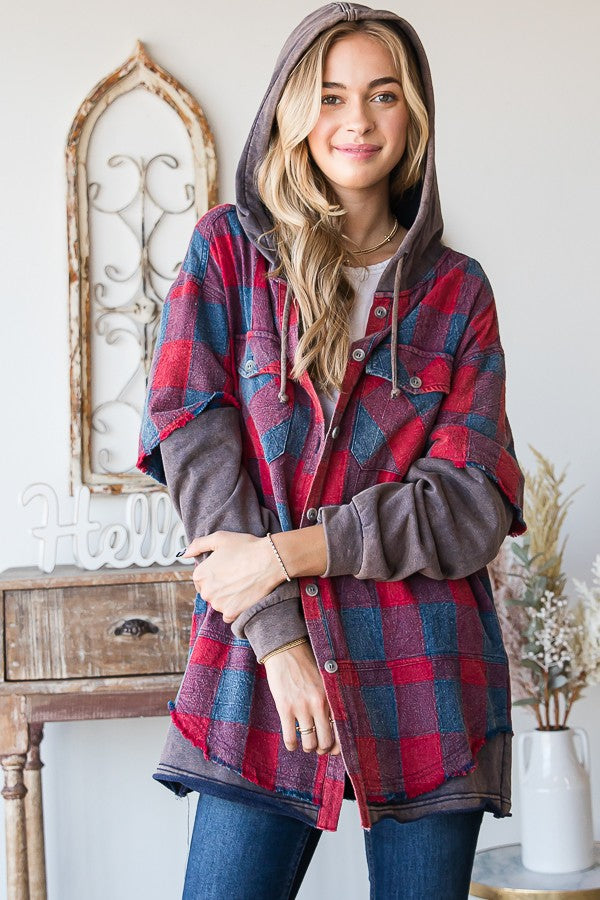 Oli & Hali Mineral Washed Plaid Hoodie Jacket Top
