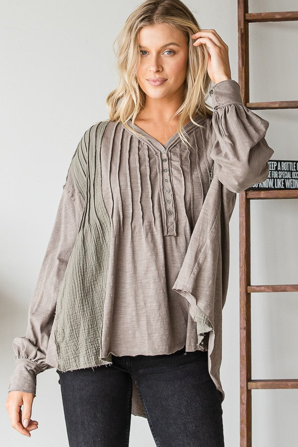 Oli & Hali Mineral Washed Pintuck Pleats Half Button Top