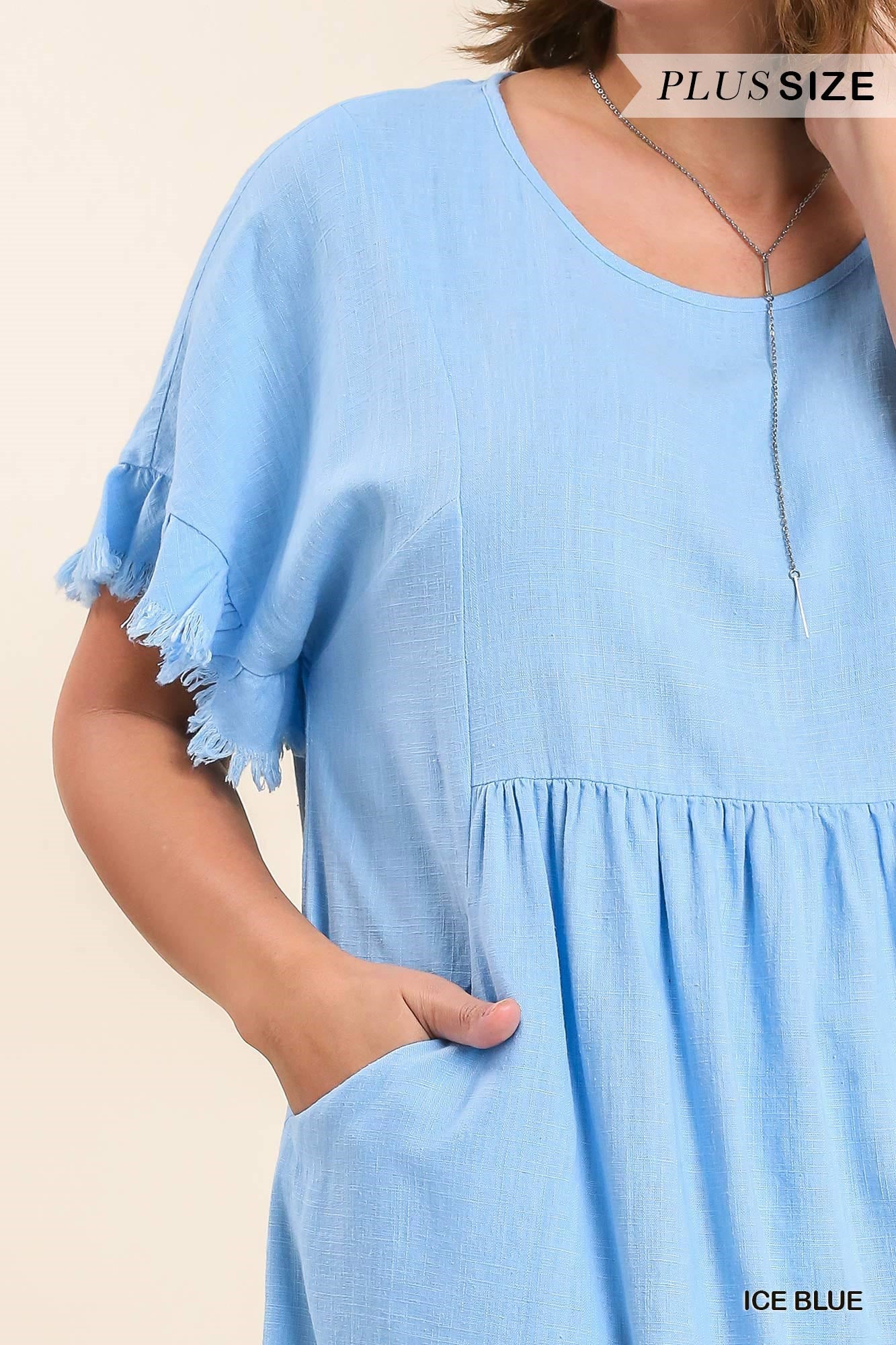 Umgee Plus Linen Blend Round Neck Lining Pocket Frayed Hem Dress