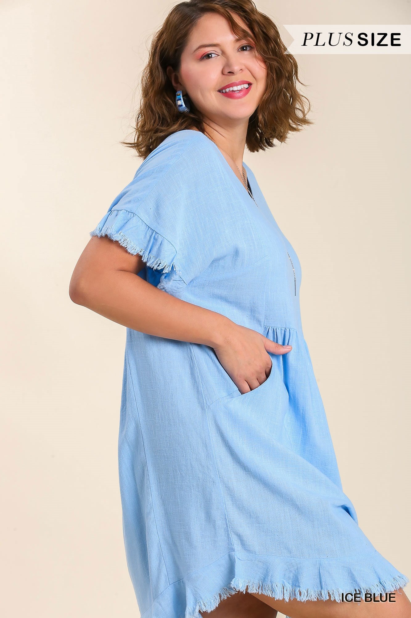 Umgee Plus Linen Blend Round Neck Lining Pocket Frayed Hem Dress