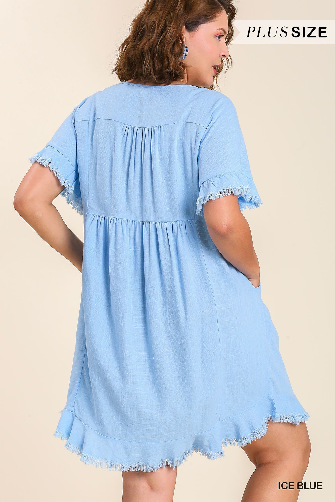 Umgee Plus Linen Blend Round Neck Lining Pocket Frayed Hem Dress