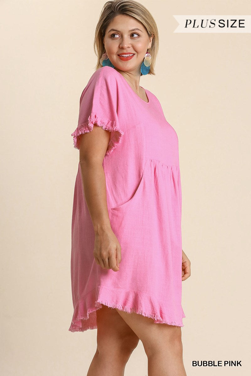 Umgee Plus Linen Blend Round Neck Lining Pocket Frayed Hem Dress