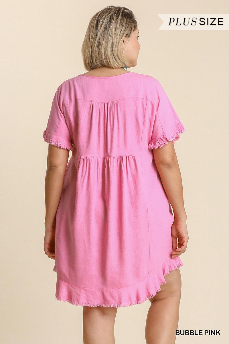 Umgee Plus Linen Blend Round Neck Lining Pocket Frayed Hem Dress