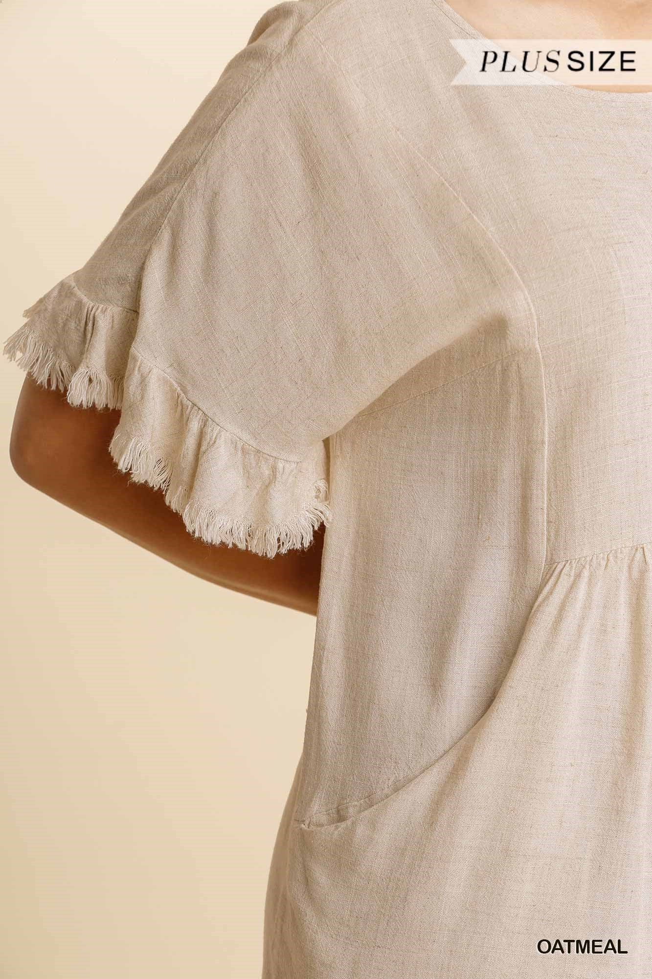 Umgee Plus Linen Blend Round Neck Lining Pocket Frayed Hem Dress