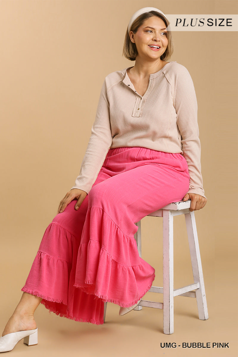 Umgee Plus Linen Blend Wide Ruffle Leg Frayed Hem Pants