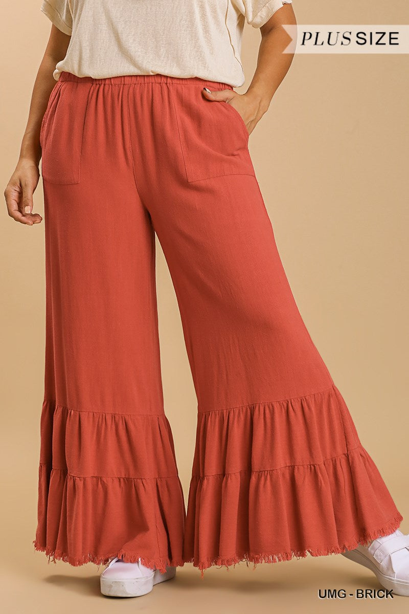 Umgee Plus Linen Blend Wide Ruffle Leg Frayed Hem Pants
