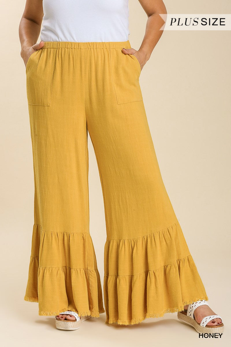 Umgee Plus Linen Blend Wide Ruffle Leg Frayed Hem Pants