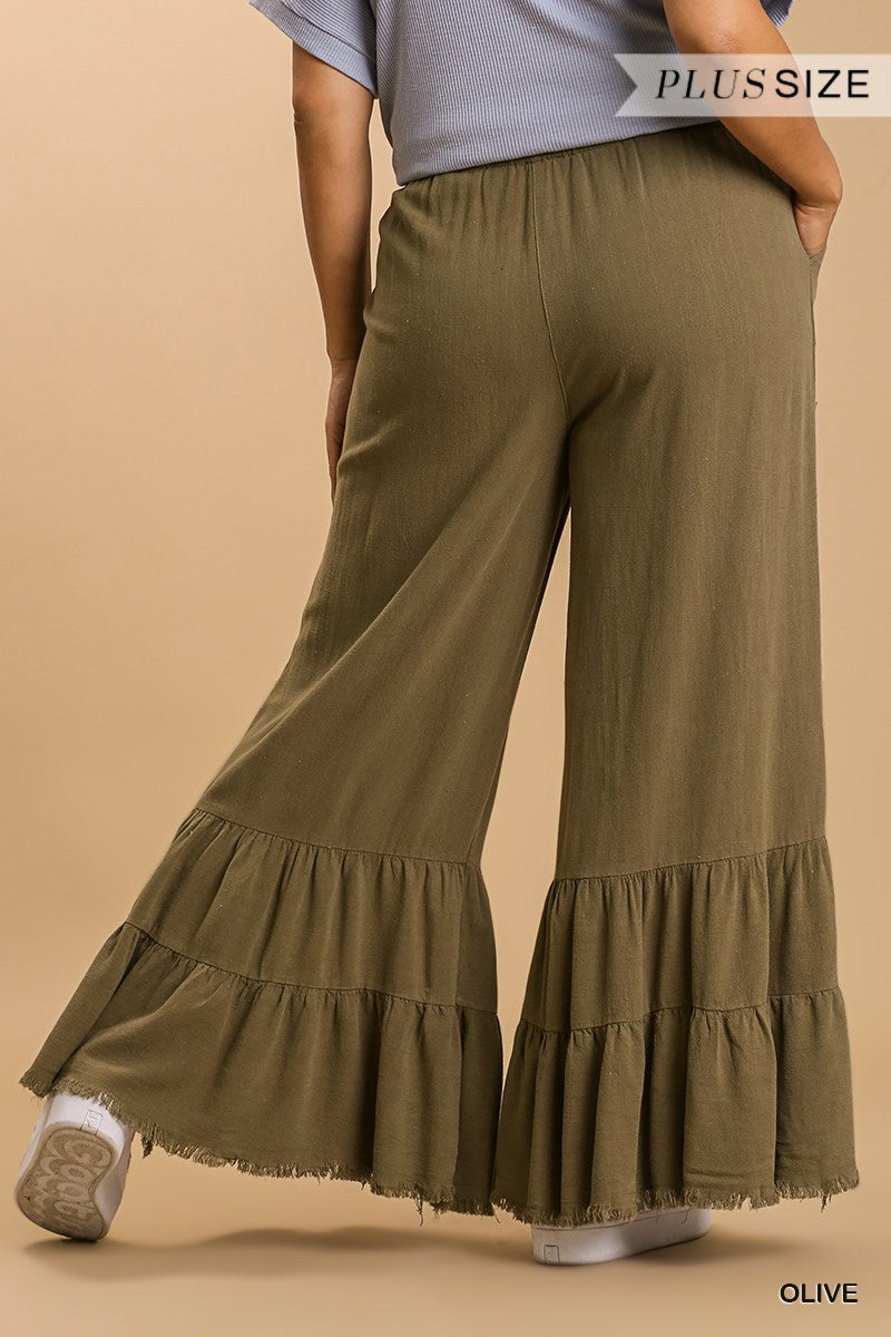 Umgee Plus Linen Blend Wide Ruffle Leg Frayed Hem Pants