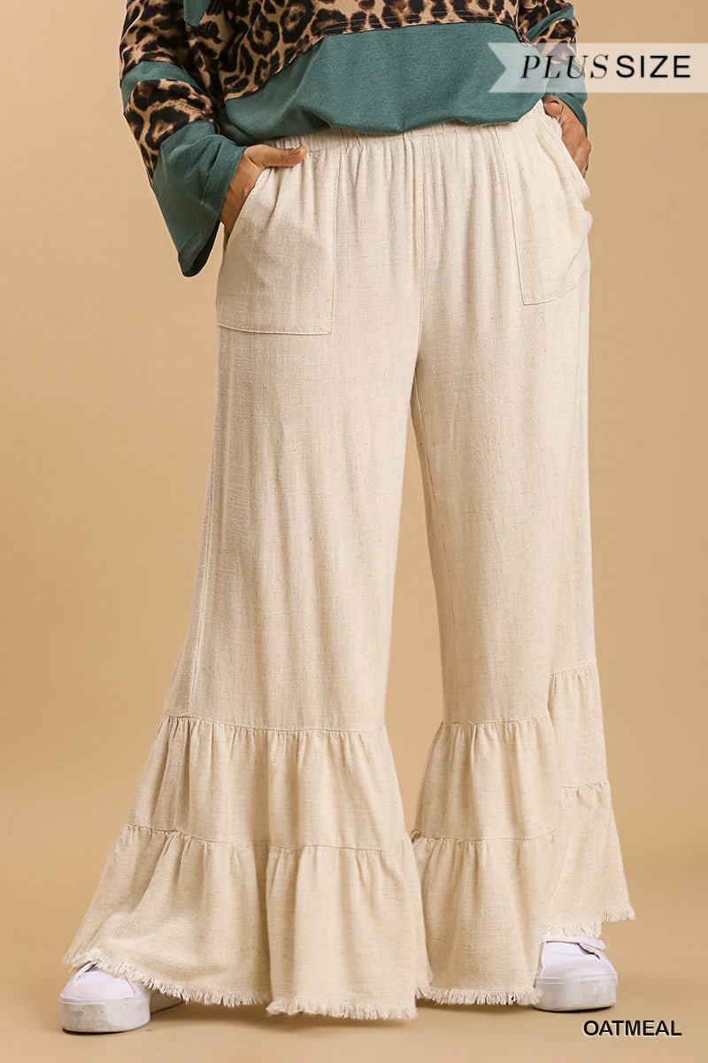 Umgee Plus Linen Blend Wide Ruffle Leg Frayed Hem Pants
