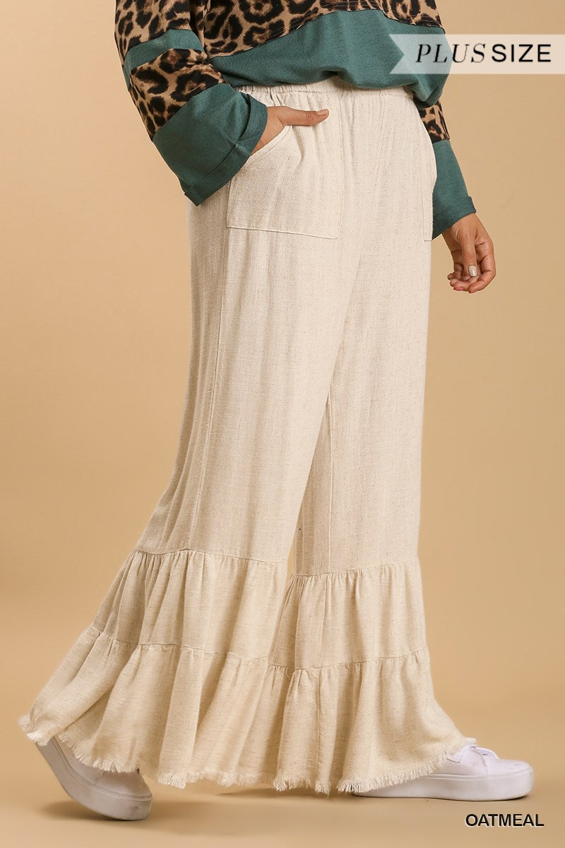 Umgee Plus Linen Blend Wide Ruffle Leg Frayed Hem Pants