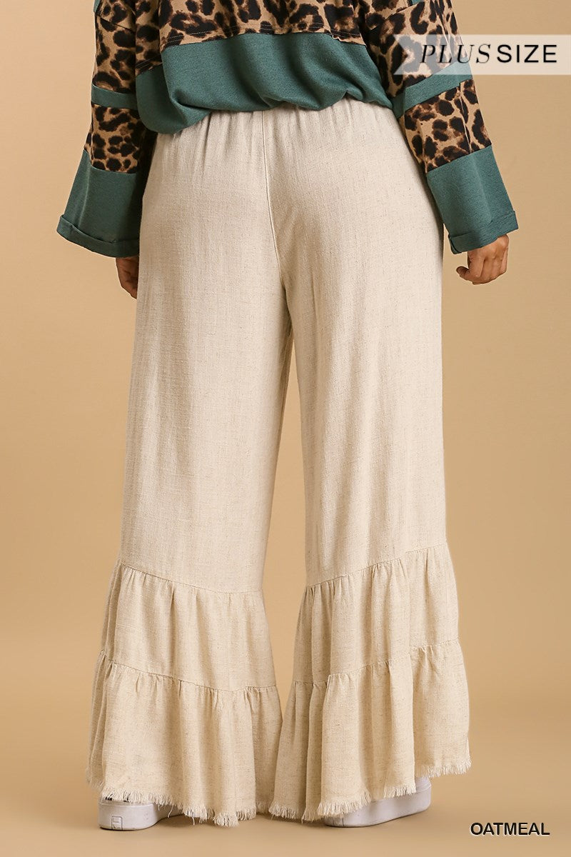 Umgee Plus Linen Blend Wide Ruffle Leg Frayed Hem Pants