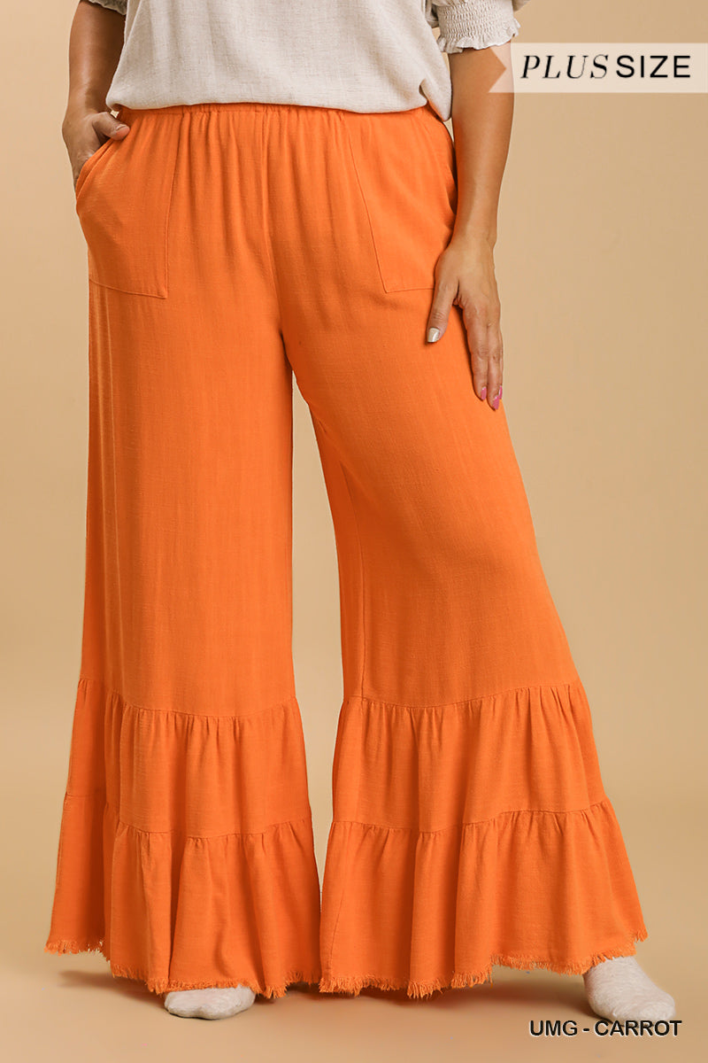 Umgee Plus Linen Blend Wide Ruffle Leg Frayed Hem Pants