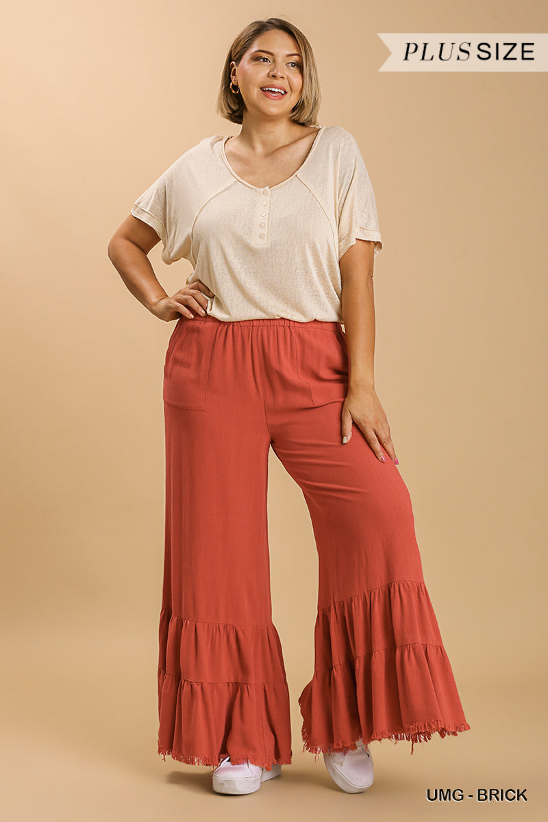 Umgee Plus Linen Blend Wide Ruffle Leg Frayed Hem Pants