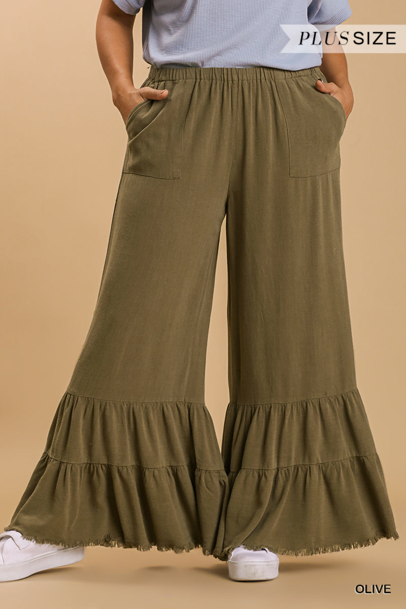 Umgee Plus Linen Blend Wide Ruffle Leg Frayed Hem Pants