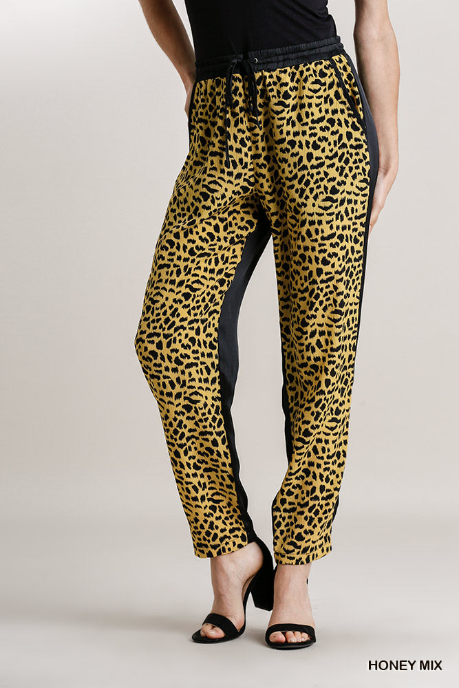 Umgee Animal Print Elastic Waist Drawstring Lightweight Pockets Pants