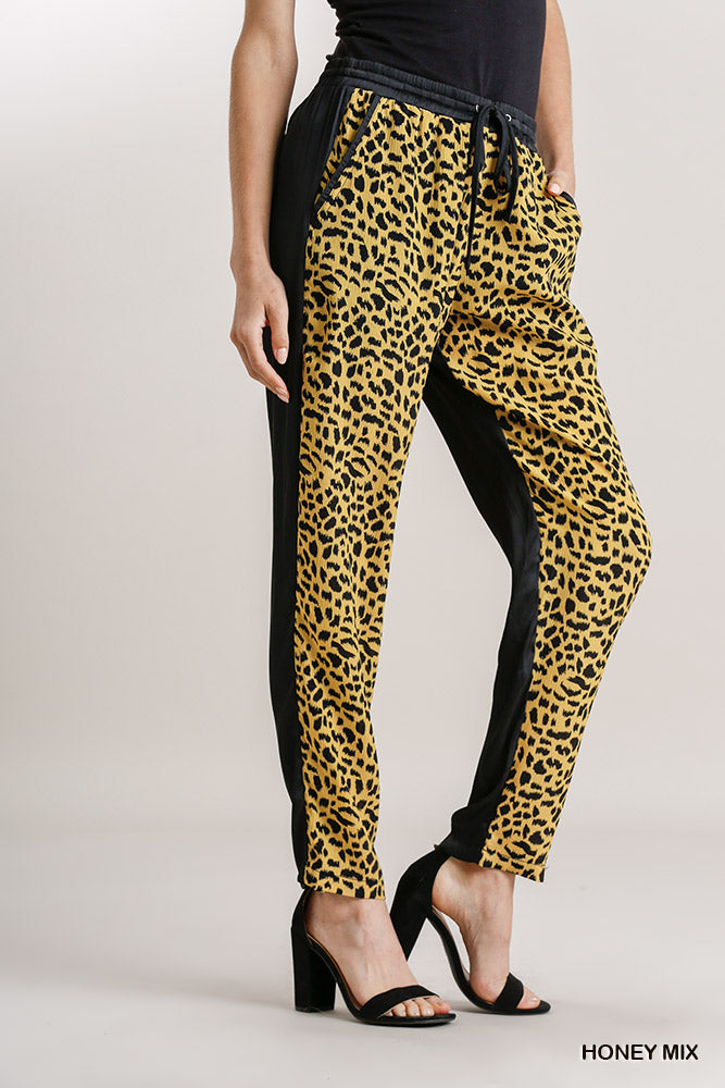 Umgee Animal Print Elastic Waist Drawstring Lightweight Pockets Pants