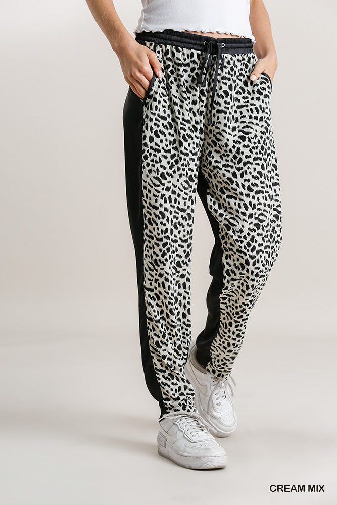 Umgee Animal Print Elastic Waist Drawstring Lightweight Pockets Pants