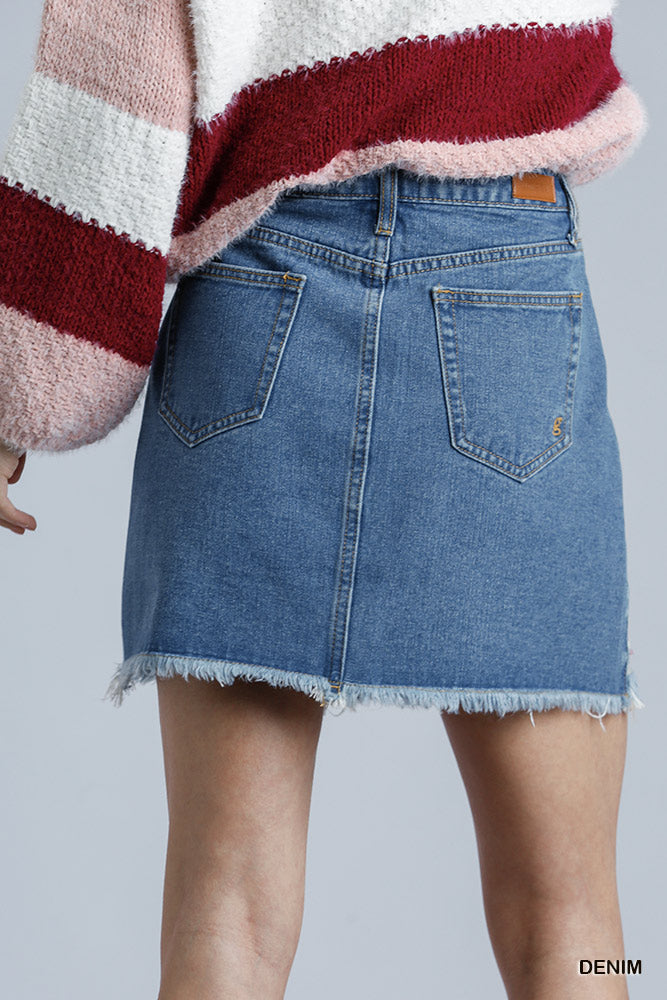 Umgee Embroidered Detail High Rise Non-Stretch Fringe Hem Denim Skirt