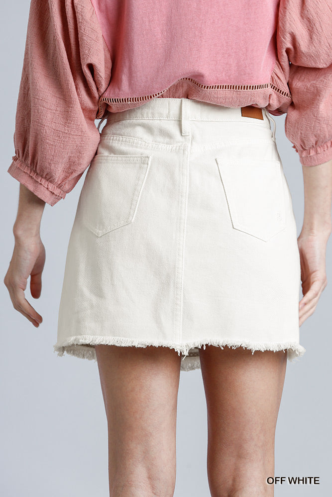 Umgee Embroidered Detail High Rise Non-Stretch Fringe Hem Denim Skirt