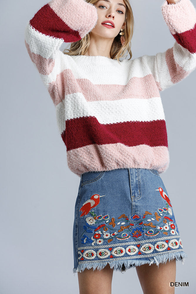 Umgee Embroidered Detail High Rise Non-Stretch Fringe Hem Denim Skirt