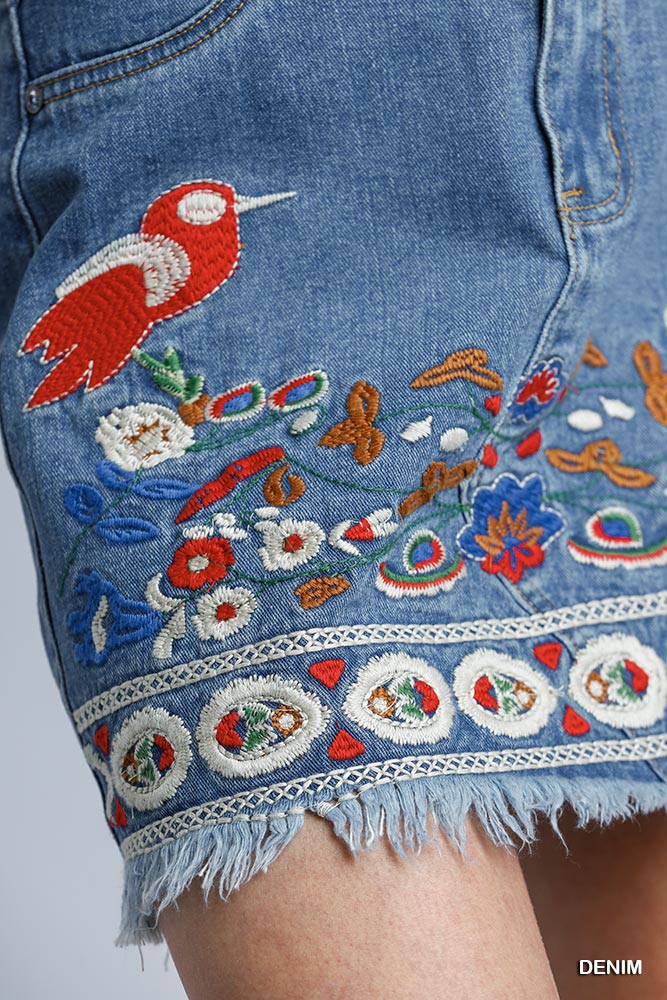 Umgee Embroidered Detail High Rise Non-Stretch Fringe Hem Denim Skirt