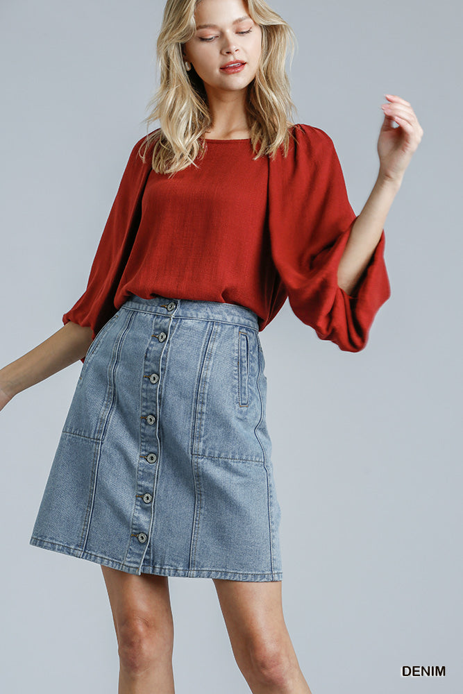 Umgee Button Down Side and Back Pocket Non-Stretch Denim Skirt