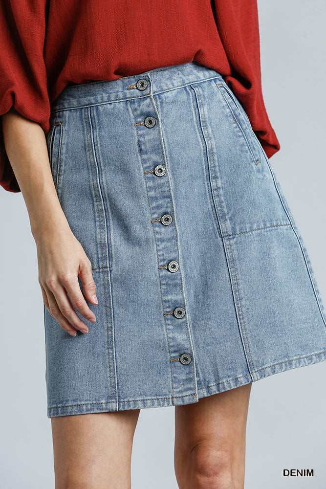Umgee Button Down Side and Back Pocket Non-Stretch Denim Skirt