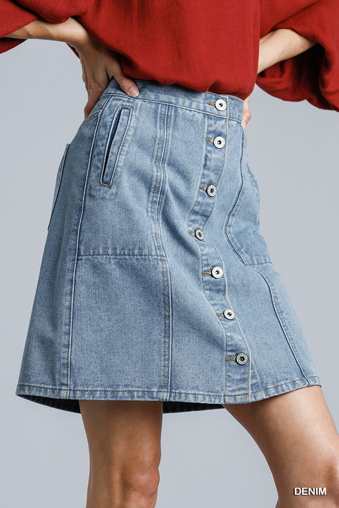 Umgee Button Down Side and Back Pocket Non-Stretch Denim Skirt