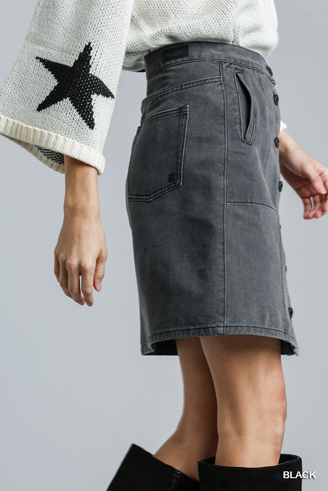 Umgee Button Down Side and Back Pocket Non-Stretch Denim Skirt