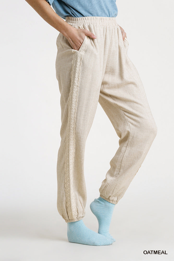 Umgee Linen Blend Elastic Waist Side Lace Pockets Jogger Pants