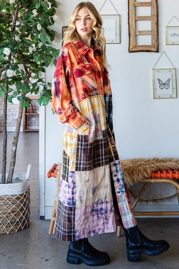 Oli & Hali Washed Plaid Mix Shirt Duster Jacket