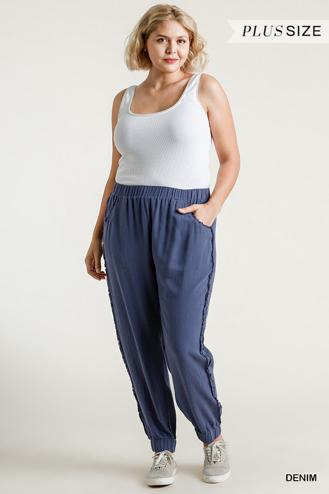 Umgee Plus Linen Blend Elastic Waist Frayed Edged Jogger Pants