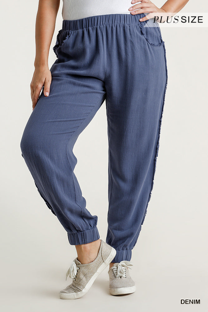 Umgee Plus Linen Blend Elastic Waist Frayed Edged Jogger Pants