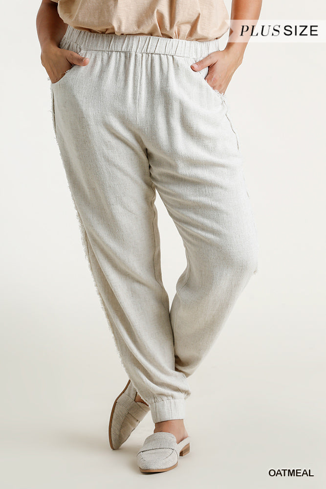 Umgee Plus Linen Blend Elastic Waist Frayed Edged Jogger Pants