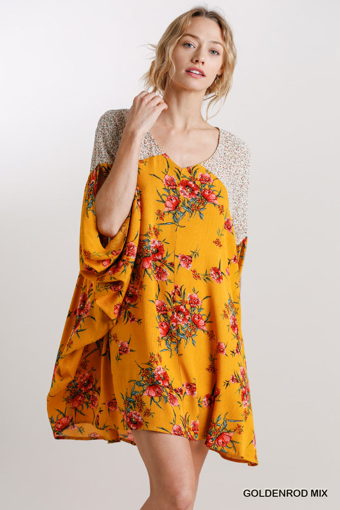 Umgee Mix Floral Mixed Print Batwing Sleeve High Low Hem Mini Dress - Roulhac Fashion Boutique