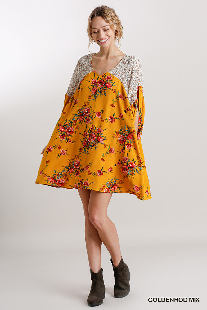 Umgee Mix Floral Mixed Print Batwing Sleeve High Low Hem Mini Dress - Roulhac Fashion Boutique