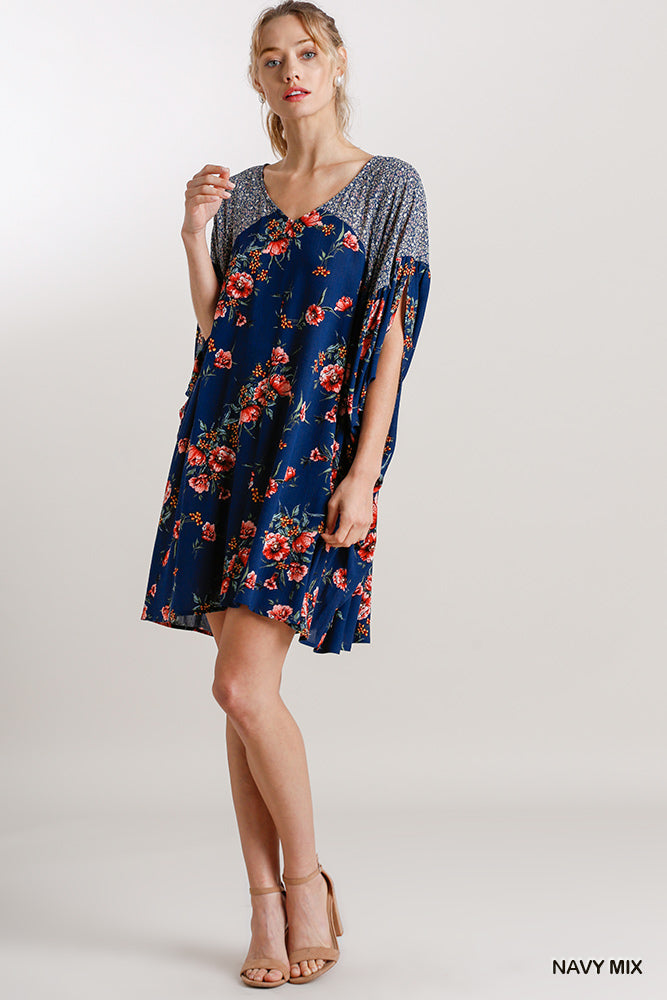 Umgee Mix Floral Mixed Print Batwing Sleeve High Low Hem Mini Dress - Roulhac Fashion Boutique