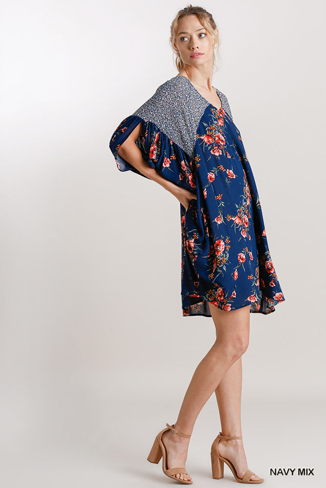 Umgee Mix Floral Mixed Print Batwing Sleeve High Low Hem Mini Dress - Roulhac Fashion Boutique