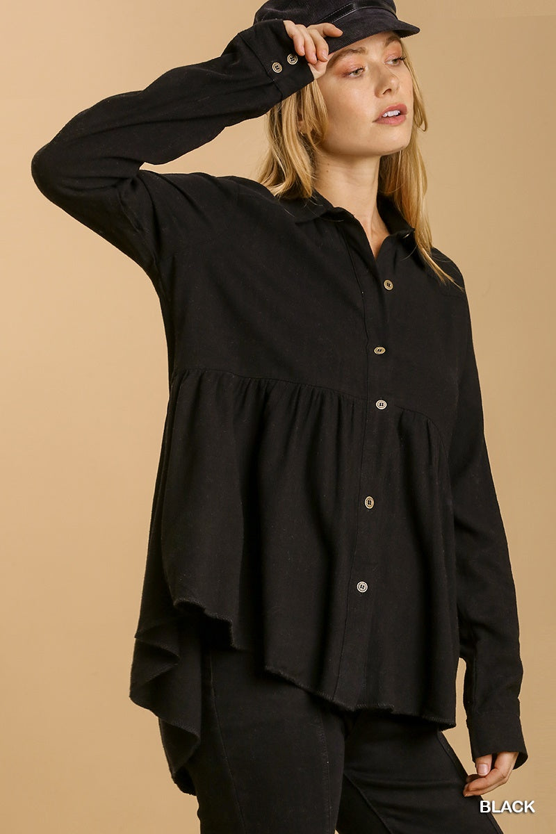 Umgee Linen Blend Button Down Collar BabyDoll Ruffle Shirt - Roulhac Fashion Boutique