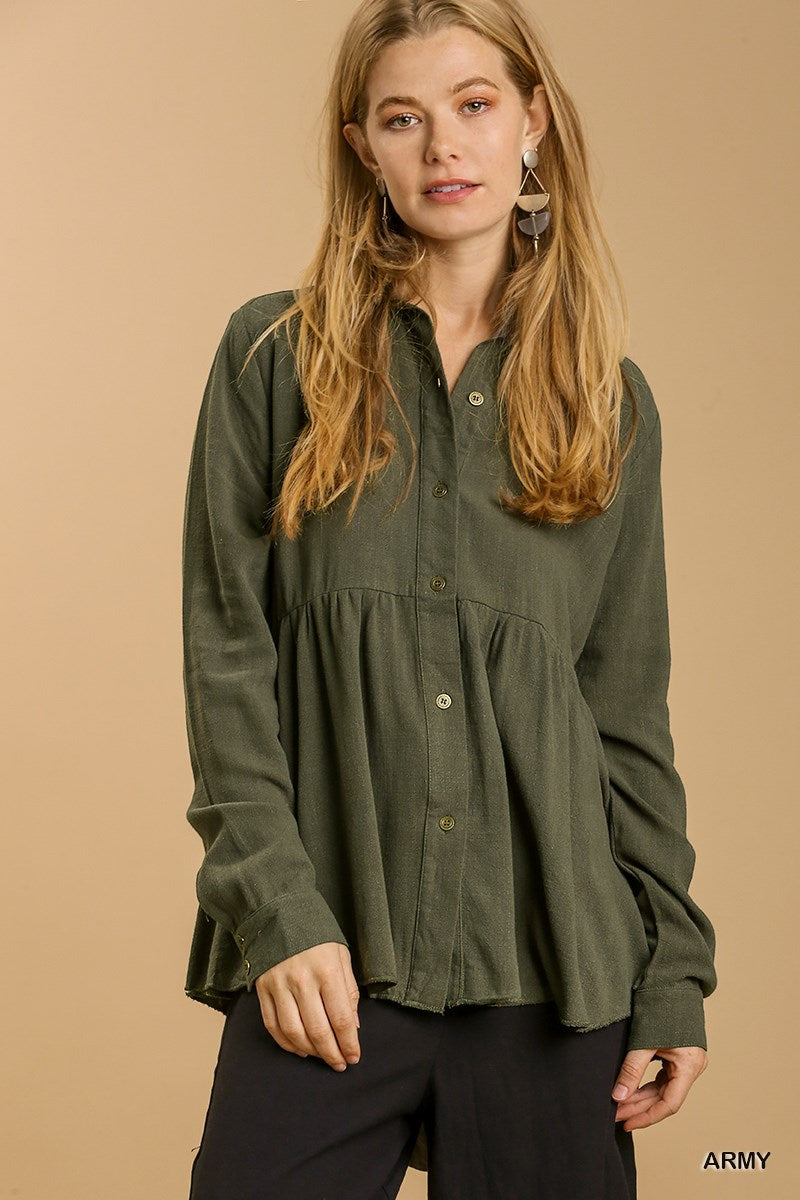 Umgee Linen Blend Button Down Collar BabyDoll Ruffle Shirt - Roulhac Fashion Boutique